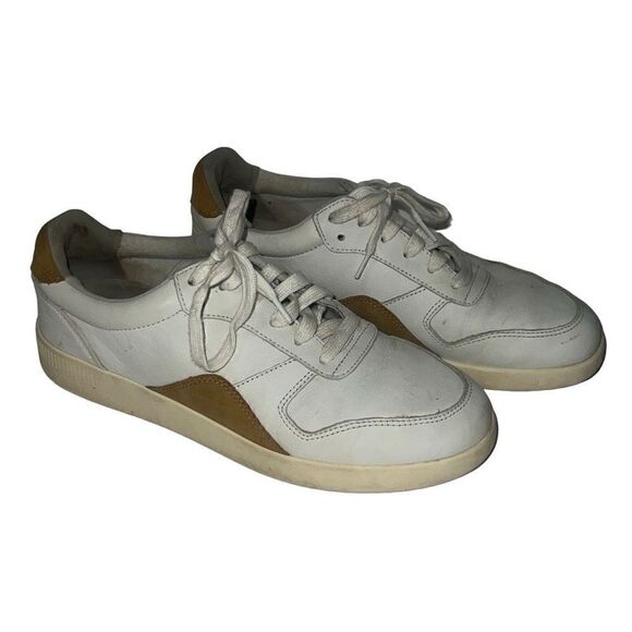 Everlane Tread ReLeather Court Sneaker White Mustard Lace Up Low Leather Sz 8.5 - Picture 1 of 9